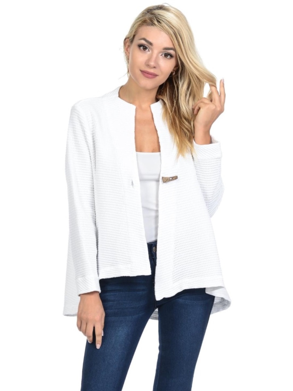 Women's Cotton Waffle One Button Swing Jacket & Mini Waffle Hooded (White)